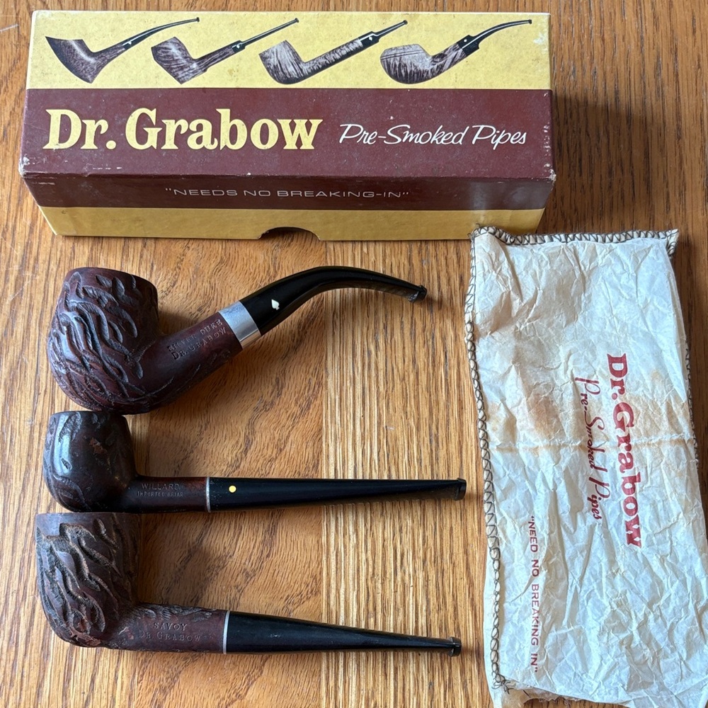 Vintage Dr. Grabow Pre-Smoked Pipes Set, Silver Duke Willard Savoy ,Original Box